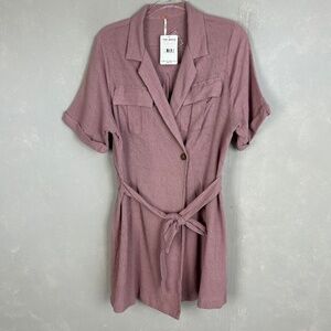 Free People size L mini wrap dress purple short sleeve cotton linen blend NEW